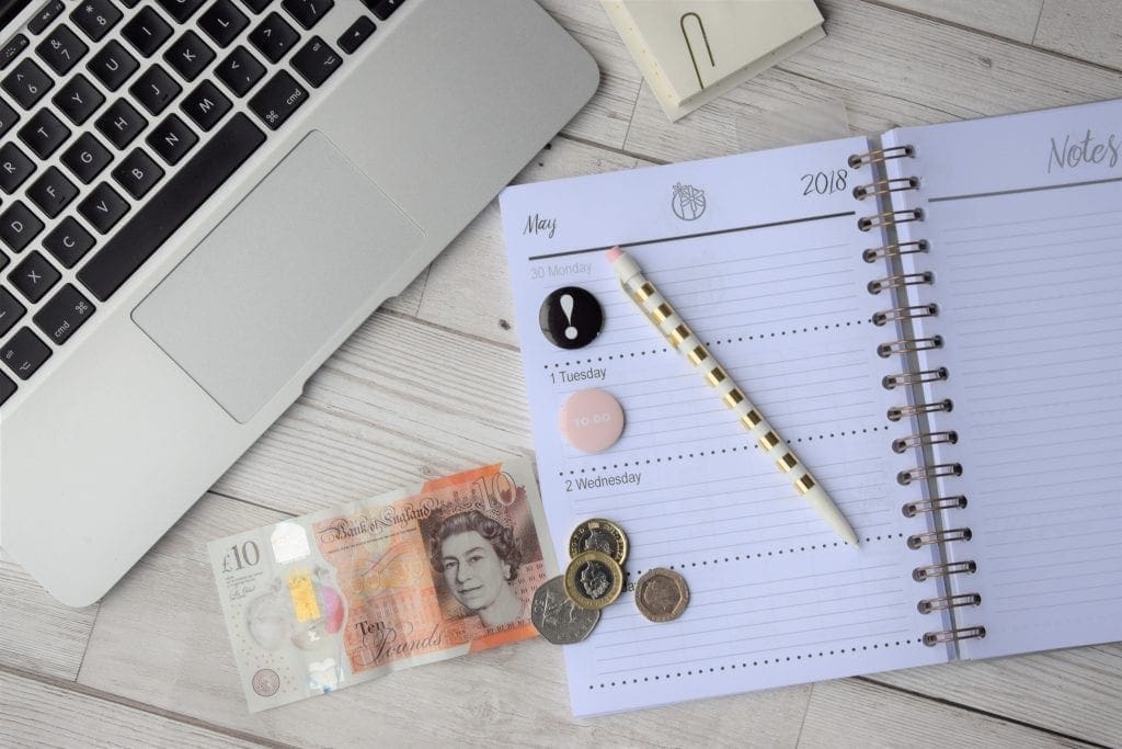 lap top money, open planner, pen How to be a more organised blogger